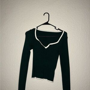 Dark Green V-Neck Long Sleeve Top